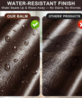 Close-up of water-resistant dark brown leather, showcasing our balm on the left and competitor's product on the right.