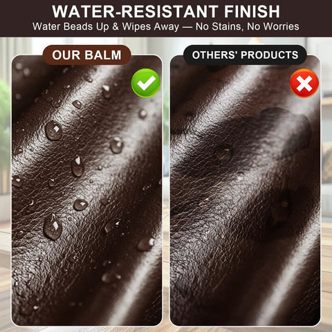 Close-up of water-resistant dark brown leather, showcasing our balm on the left and competitor's product on the right.