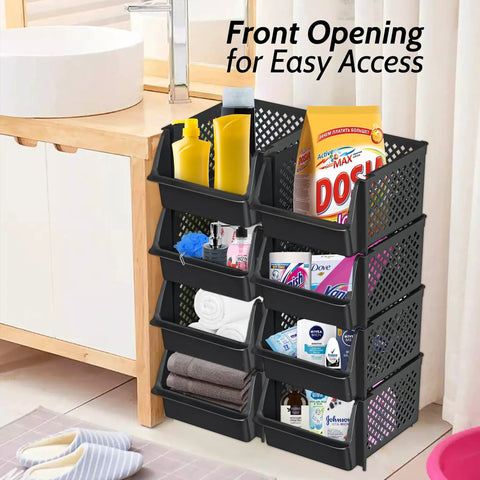 Open Front Stackable Pantry Storage Bins For Quick Grab And See Everything At A Glance, perfect for organizing bathroom essentials.