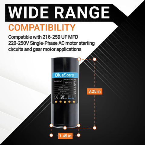 216-259 UF MFD 220-250V Round Start Capacitor with dimensions shown, ideal for AC motor and fan start needs