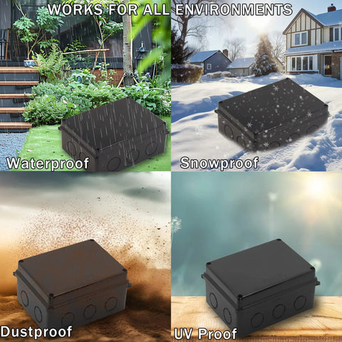 Outdoor black ABS plastic electrical junction box with IP65 waterproof rating, 5.9x4.3x2.8 in.