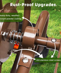 Heavy Duty Freestanding Hose Reel Cart With Four Wheels That Holds 300 Feet Of 5/8 Inch Hose Includes 6.5 Foot Leader Hose No Kink Brass Connector A Yard Workhorse For Outdoor Garden Lawn Use showing rust-proof upgrades with powder coating and stainless steel screws.