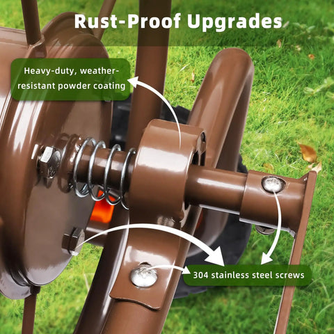 Heavy Duty Freestanding Hose Reel Cart With Four Wheels That Holds 300 Feet Of 5/8 Inch Hose Includes 6.5 Foot Leader Hose No Kink Brass Connector A Yard Workhorse For Outdoor Garden Lawn Use showing rust-proof upgrades with powder coating and stainless steel screws.