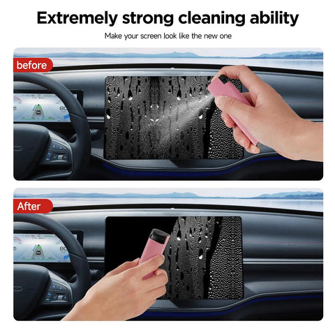 Before and after use of All In One Screen Cleaner Kit With Spray And Wipe Pocket Size Lipstick Style on car screen