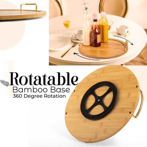 Chip and Dip Serving Set with 13.5 Inch Ceramic Platters and Trays on a rotatable bamboo base for Taco Bar and Entertaining
