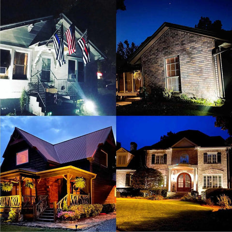 Ultra Bright Solar Spot Lights Outdoor With 7 LEDs and Upgraded Panel illuminating various house exteriors at night.