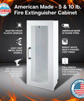 Fire Extinguisher Cabinet Mount For Wall Or Surface In White With 22 Gauge Steel Construction And Full Metal Piano Hinge Metal Handle Indoor Outdoor Use Dimensions 24.5 Inches High 9.25 Inches Wide 6.5 Inches Deep USA Made
