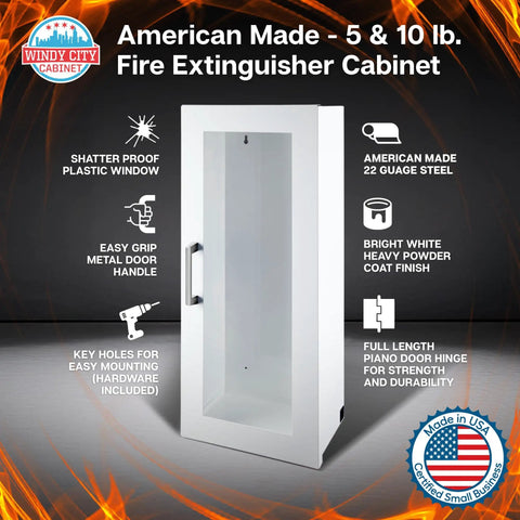 Fire Extinguisher Cabinet Mount For Wall Or Surface In White With 22 Gauge Steel Construction And Full Metal Piano Hinge Metal Handle Indoor Outdoor Use Dimensions 24.5 Inches High 9.25 Inches Wide 6.5 Inches Deep USA Made