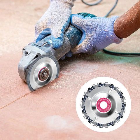 Person using angle grinder with Five Piece Five Eighth Inch Chain Disc Saw Blades For Angle Grinders With 22 Teeth Wood Carving Discs