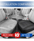 Before and after installation of ventilated black bottom car seat cover with 3D air mesh in a car interior