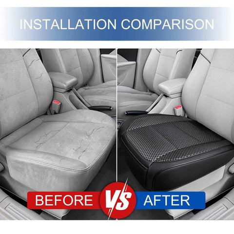 Before and after installation of ventilated black bottom car seat cover with 3D air mesh in a car interior