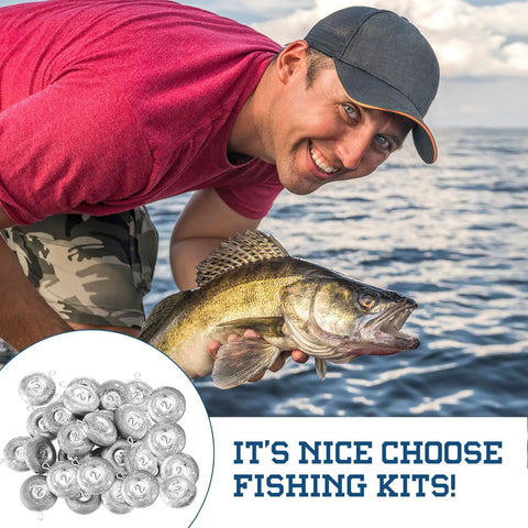 Angler holding fish with 24 Piece Disc Sinker Fishing Weights Set For Saltwater And Freshwater Angling Pro Grade Beefy Lead Disc Sinkers for Catfish Trolling and Surf Fishing 2 Oz Each Corrosion Resistant and Long Lasting displayed.