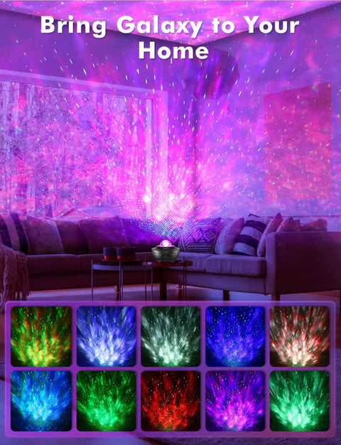 Star Projector Night Light With Bluetooth Speaker And App Control for bedroom decor, black finish, projects nebula and star fields.