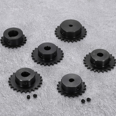25-Tooth Chain Sprocket For ISO 04C Chain, 1/4 Inch Pitch, D-Shape Hole, 12x10.5mm, C45 Carbon Steel With Black Oxide Finish, ANSI 25 Roller Sprocket, Round Hole, Includes Set Screws, Heavy Duty Rust Resistant