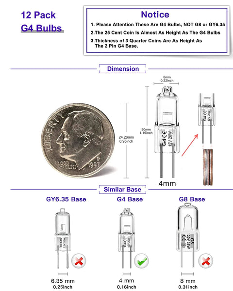 Dimensions and base comparison of G4 12V 20W Halogen Bulbs 12 Pack Bi Pin Base Dimmable 2700K Warm White T3 for lighting.