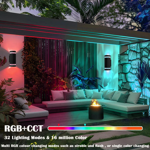 Outdoor patio with Lit RGB Outdoor Wall Lights With RF Remote, Color Changing Porch Sconces illuminating seating area.
