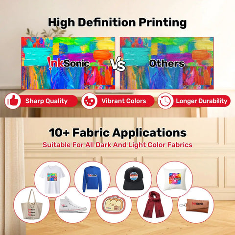 High definition printing comparison showing InkSonic vs others, showcasing vibrant colors and quality fabric applications.