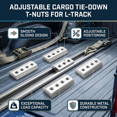 Six Pack M6 L Track T Nuts With Sliding Design for easy insertion and repositioning in truck bed, adjustable cargo tie-downs.