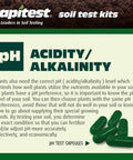 Instruction card from Easy At Home DIY Soil Test Kit for acidity/alkalinity testing with green capsules displayed.