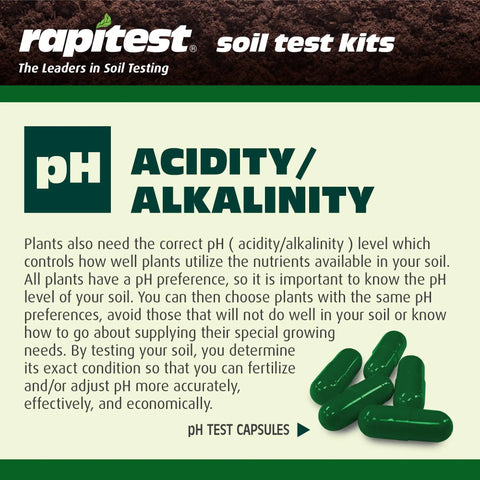 Instruction card from Easy At Home DIY Soil Test Kit for acidity/alkalinity testing with green capsules displayed.