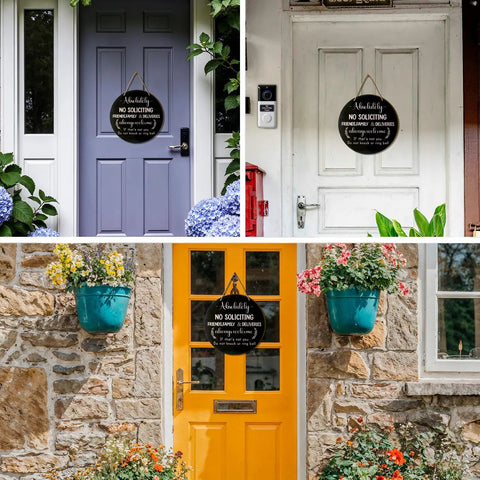 10 Inch Wooden No Soliciting Sign For Front Door With Doorbell Sticker Set, Funny Welcome Sign on three different doors