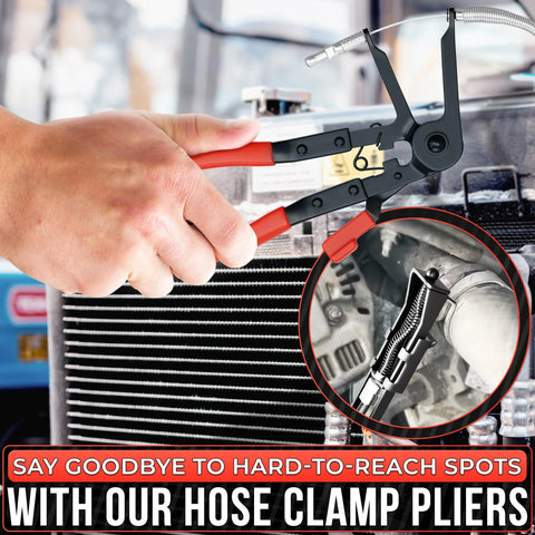 Front view of hose clamp pliers with red handles; ratchet-locked tool for radiator hose, operable with one hand