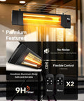 Carbon Infrared Patio Heater With Tripod, Remote Control, Tip Over Protection, Freestanding Or Wall Mounted, black anodized body