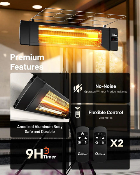 Carbon Infrared Patio Heater With Tripod, Remote Control, Tip Over Protection, Freestanding Or Wall Mounted, black anodized body