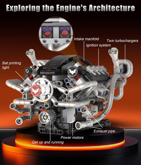 Mini V8 Engine Model Kit That Runs With 770 Piece Motorized Build Set And Lights with detailed engine parts and labels.