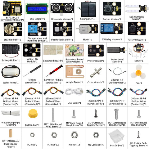 ESP32 Smart Farm Starter Kit For Arduino Fans With DIY Sensor Set and components including sensors, motors, and irrigation tools.