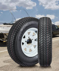 Trailer Tire And Wheel Set With ST175/80D13 Tire On 13 Inch Rims, 5 Lug On 4.5 Inch Bolt Pattern, Load Range C, 6PR, 50 Psi Max, White 13x5 Wheels, Set Of 2