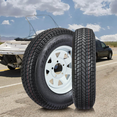 Trailer Tire And Wheel Set With ST175/80D13 Tire On 13 Inch Rims, 5 Lug On 4.5 Inch Bolt Pattern, Load Range C, 6PR, 50 Psi Max, White 13x5 Wheels, Set Of 2