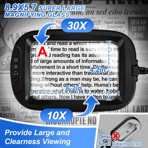 Ultra Large Magnifying Glass With Light And Stand For Reading And Crafts, 7 Inch Desk Magnifier With 10X And 30X Lenses view. Text magnified.