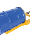 Heavy Duty Steel Horizontal Drum Positioner With 650 Lb Capacity And Bright Yellow Finish, transporting a blue drum.