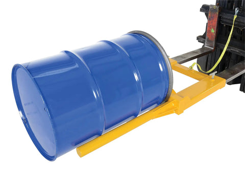 Heavy Duty Steel Horizontal Drum Positioner With 650 Lb Capacity And Bright Yellow Finish, transporting a blue drum.