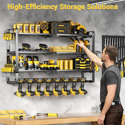 4 Layer Extra Tall Power Tool Organizer Wall Mount 400lbs Capacity Heavy Duty Metal Rack With 8 Cordless Drill Holders