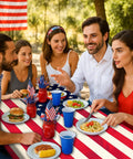 Group dining on Vintage Patriotic American Flag Picnic Table Cover Set With Bench Covers Waterproof for Memorial Day.