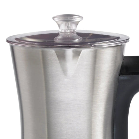 Close-up view of Electric Turkish Coffee Maker 4 Cup Stainless Steel Black Finish Easy Brew For Quick Turkish Coffee At Home Durable Metal Body