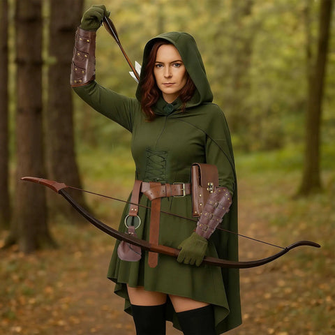 Action shot of a woman in a green hooded outfit holding a bow, featuring steampunk elements for cosplay.