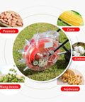 Manual Hand Push Seeder With Wheel For Easy Row Planting, Stainless Steel Duckbill And Seed Box shown with various seeds