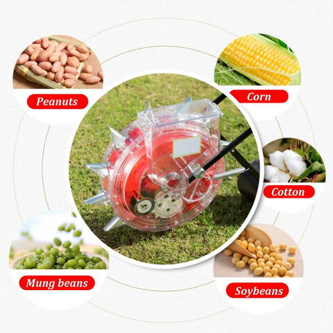 Manual Hand Push Seeder With Wheel For Easy Row Planting, Stainless Steel Duckbill And Seed Box shown with various seeds