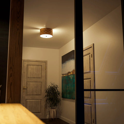 Shaker 3 Light Flush Mount Fixture In Brown Finish With Blackened Bronze Frame And Woven Wood Detailing in modern hallway