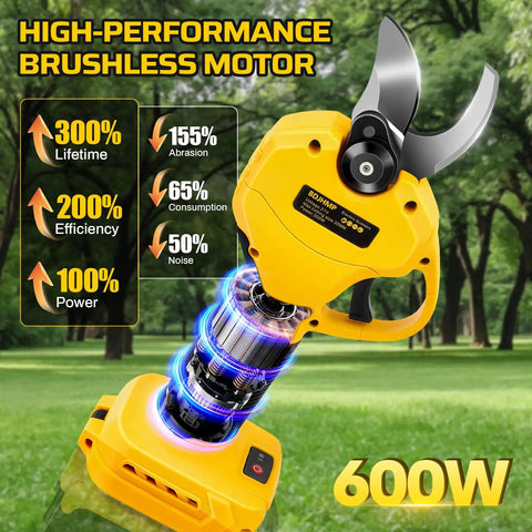 High-performance brushless cordless electric pruning shears for DeWalt 20V Max systems, featuring a powerful motor.