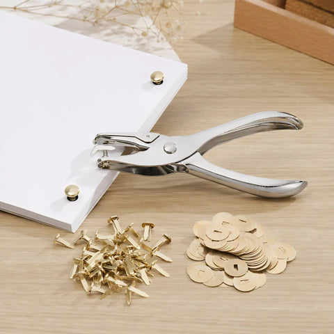 All In One Paper Fastener Kit With Hole Punch Tool And Golden Brads For Crafts, Scrapbooking, And Card Making, 100 Pcs Metal Fasteners, Smooth Paper Piercing, Easy Setup. Metal hole punch and golden brads with paper stack