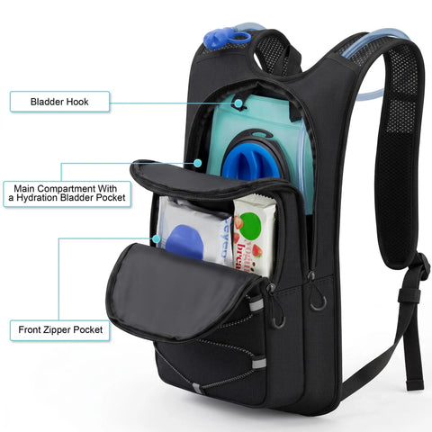 Open view of Lightweight Hydration Backpack With 2L Water Bladder showing compartments and breathable mesh straps, black.