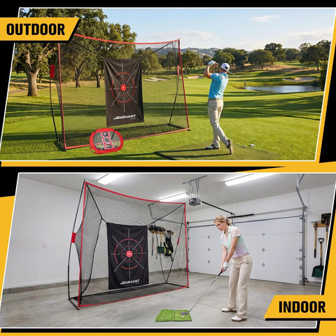 All In One Golf Hitting Net For Backyard And Indoor And Outdoor Use With Foldable Practice Mat Chipping Target 8 Tees And 6 Balls Carry Bag For Easy Storage Durable 7 Ply Netting Handling Up To 200 mph with golfers practicing outside and inside.