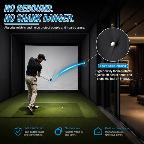 Golfer using Golf Simulator Enclosure 10 x 8 Ft With Dual Layer Impact Screen Anti Rebound Hitting Cage For Indoor Garage Practice