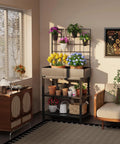 Metal Raised Garden Bed With Trellis And 2 Tier Storage Shelf in indoor setting with flower pots and gardening tools