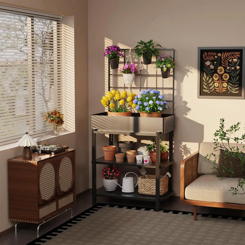 Metal Raised Garden Bed With Trellis And 2 Tier Storage Shelf in indoor setting with flower pots and gardening tools