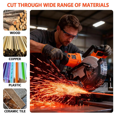Heavy Duty 10 Inch Dual Bevel Sliding Miter Saw With Bright Led Light And 48 Tooth Blade For Rock Solid Zero Hassle Cuts Up To 45 Degrees With Dual Speed Motor And Roomy Extension Table For No Sweat Weekend Builds Black in action cutting through wood and metal.